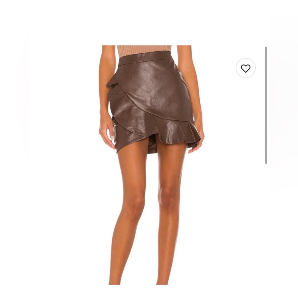 MAJORELLE Brown Faux Leather Ruffle Wrap Mini Skirt